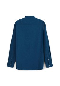 Camicia a maniche lunghe di colore blu scuro, con colletto classico, polsini con bottoni e orlo dritto. Realizzata in un tessuto liscio e strutturato.