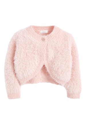 Blød lyserød, fuzzy cropped cardigan med lange ærmer, ribbede manchetter og kant samt en enkelt dekorativ knap ved halsudskæringen.