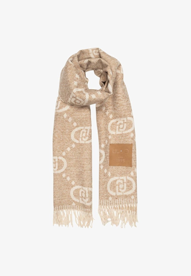 Sciarpa beige con motivo del logo ripetuto in crema, dotata di estremità frangiate e di un'etichetta in pelle con il nome del marchio e l'anno.