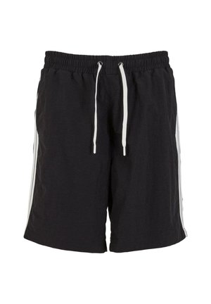Shorts noirs en matériau léger avec une taille élastique, des cordons de serrage blancs et des rayures blanches sur les côtés.