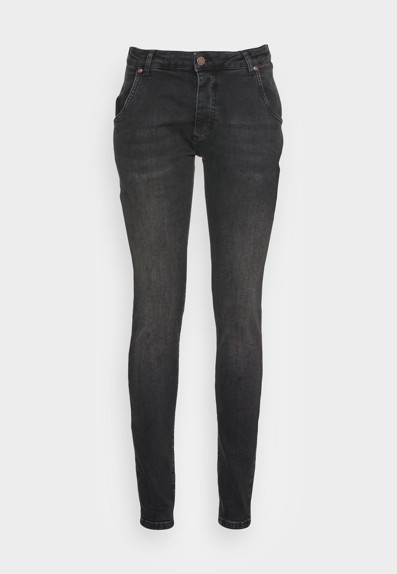 Černé skinny džíny vyrobené z denimu, s klasickým pětikapsovým designem, zapínáním na knoflík a jemným blednutím podél nohavic.