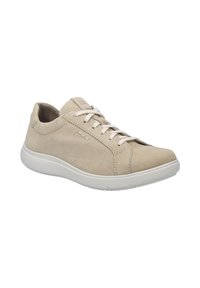 Béžové semišové tenisky s bílou gumovou podrážkou, kulatou špičkou, šesti otvory pro tkaničky a tónovým prošíváním na svršku.