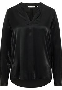 Schwarze Satinbluse mit langen Ärmeln, V-Ausschnitt und leicht abgerundetem Saum. Glatte Textur und minimalistisches Design.