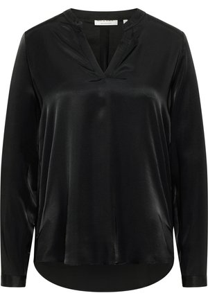 Black satin blouse with long sleeves, V-neckline, and a slightly curved hem. Smooth texture and minimalistic design.