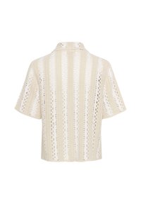 Short-sleeve crochet top in beige with vertical stripes and openwork design. Features a classic collar and soft, textured fabric.