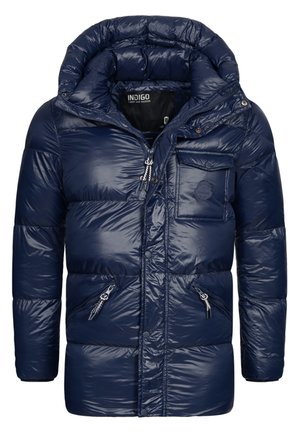 Navy puffer jacket with a shiny, quilted surface, a hood, front zip closure, and side pockets. Features a chest pocket with a logo patch.