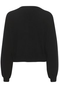 Pulôver de malha preto com um design cropped, mangas largas e punhos canelados. Apresenta um decote redondo e uma textura suave.