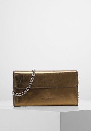Rectangular metallic bronze leather clutch bag with a silver chain strap resting on a white pedestal against a plain background.