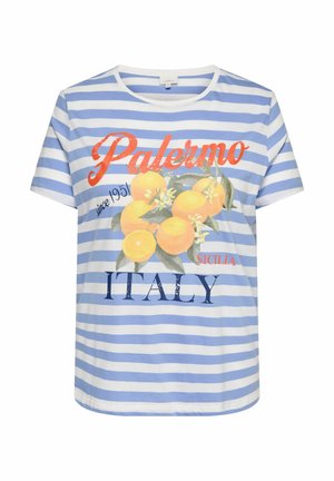 Niebiesko-biała koszulka w paski z pomarańczową grafiką owocu i napisem "Palermo since 1951 Sicilia ITALY" z przodu.