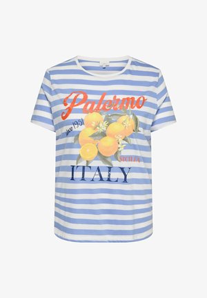 Blå og hvit stripete t-skjorte med oransje fruktgrafikk og tekst "Palermo since 1951 Sicilia ITALY" foran.