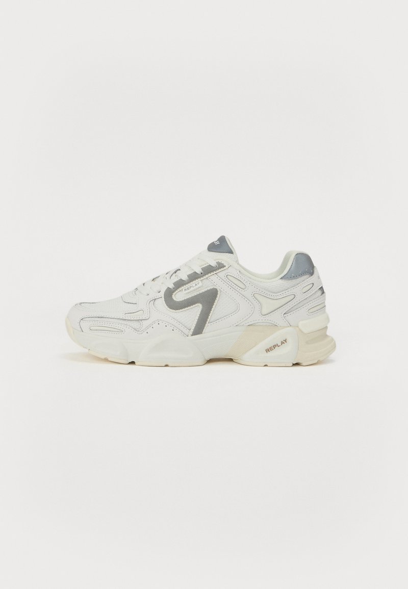 Zapatilla deportiva blanca con acentos grises, paneles texturizados, lengüeta acolchada y una suela gruesa que presenta el logo "REPLAY" en el costado.