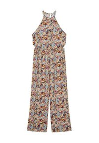 Monos de flores con un diseño de cuello halter, cintura ceñida, pantalones de pierna ancha y una mezcla de colores azul, naranja y marrón.