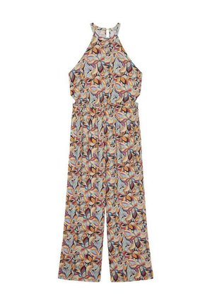 Monos de flores con un diseño de cuello halter, cintura ceñida, pantalones de pierna ancha y una mezcla de colores azul, naranja y marrón.
