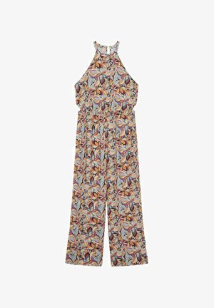 Monos de flores con un diseño de cuello halter, cintura ceñida, pantalones de pierna ancha y una mezcla de colores azul, naranja y marrón.