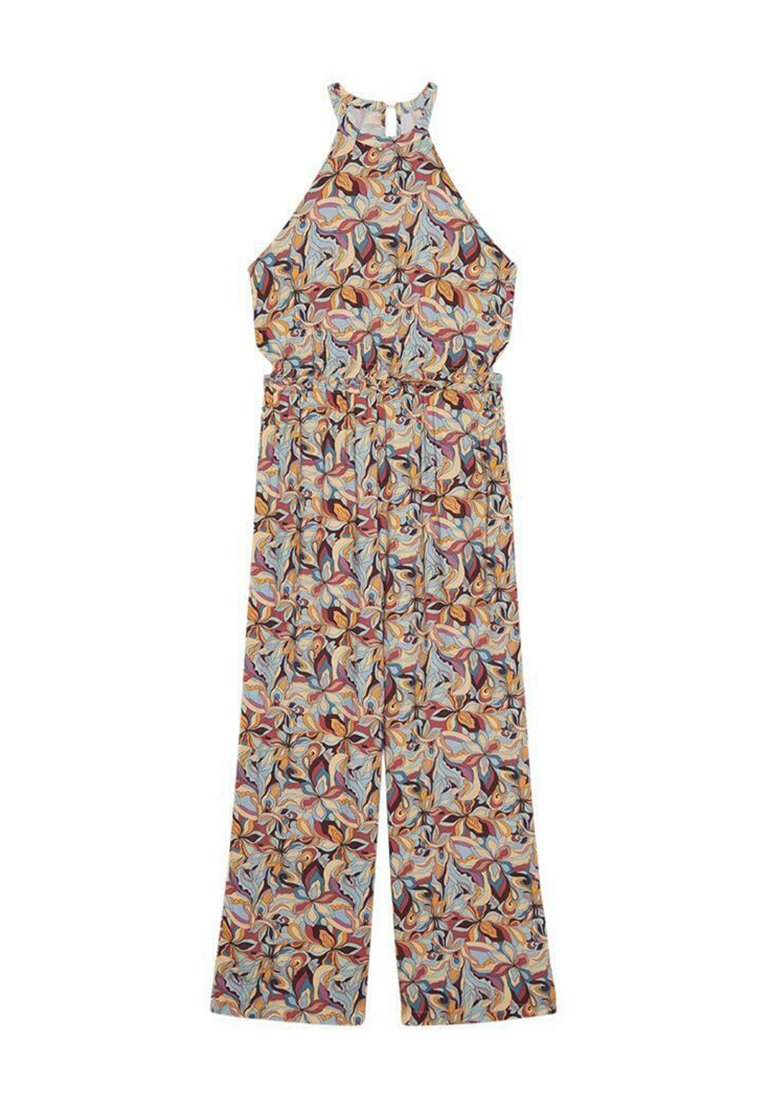 Monos de flores con un diseño de cuello halter, cintura ceñida, pantalones de pierna ancha y una mezcla de colores azul, naranja y marrón.