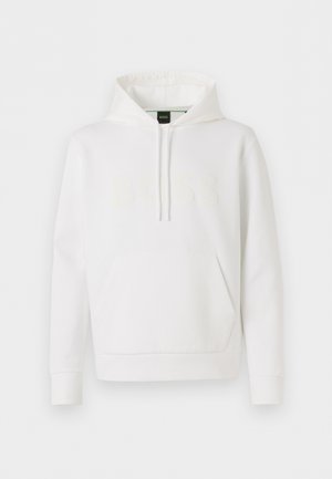Weißes Kapuzensweatshirt mit langen Ärmeln, Fronttasche, Kordelzug an der Kapuze, gerippten Bündchen und dezentem, geprägtem "BOSS"-Logo auf der Brust.