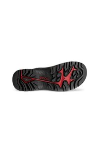 Suola di scarpa in gomma nera con battistrada profondo, caratterizzata da un accento rosso al centro e un marchio in bianco. Design resistente per una buona aderenza.