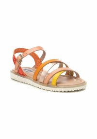 Sandalias con tiras de cuero multicolor en melocotón, naranja, amarillo y rojo, que cuentan con una suela cómoda y hebilla ajustable.