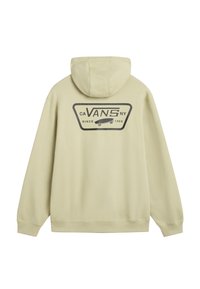 Sudadera con capucha de tejido verde claro con puños y dobladillo acanalados. La parte trasera presenta un logotipo gráfico negro de estilo vintage.