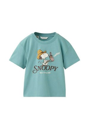 Hellblaues Kinder-T-Shirt mit Snoopy, der einen Cowboyhut trägt und auf einem Steckenpferd reitet, Text "SNOOPY West Pony Club" und "YEEHAA!"