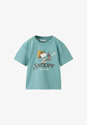 Svetlomodré detské tričko so Snoopym v kovbojskom klobúku na palicovom koníkovi, text "SNOOPY West Pony Club" a "YEEHAA!"