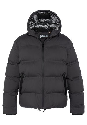 Schwarze gepolsterte Jacke mit Kapuze, ausgestattet mit einem Reißverschluss und zwei seitlichen Taschen, aus glattem, isoliertem Stoff. Weiche Innenauskleidung.