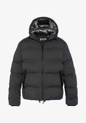 Schwarze gepolsterte Jacke mit Kapuze, ausgestattet mit einem Reißverschluss und zwei seitlichen Taschen, aus glattem, isoliertem Stoff. Weiche Innenauskleidung.