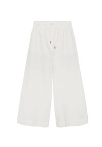 Witte wijde broek gemaakt van zachte stof, met een elastische tailleband en trekkoord en metalen accenten. Soepele textuur met voldoende draping.
