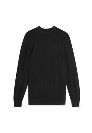 Czarny sweter z teksturowanym wzorem dzianiny, okrągłym dekoltem i długimi rękawami raglanowymi. Posiada prążkowane mankiety i dół dla lepszego dopasowania.