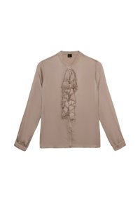 Hellbraune Bluse mit Knopfleiste, langen Ärmeln und rüschigem Kragen. Hergestellt aus einem glatten Stoff mit dezentem Glanz.