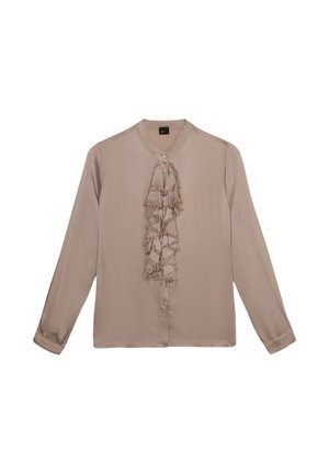 Hellbraune Bluse mit Knopfleiste, langen Ärmeln und rüschigem Kragen. Hergestellt aus einem glatten Stoff mit dezentem Glanz.