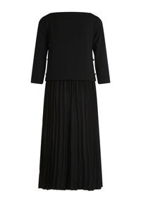 Schwarzes Kleid mit tailliertem Oberteil und plissiertem Rock. Lange Ärmel, runder Ausschnitt und seitliche Details betonen das Design. Leichter Stoff.