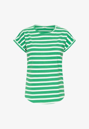 Tricou cu mânecă scurtă, dungi verzi și albe, cu guler rotund și tiv curbat. Materialul pare moale și ușor.