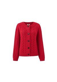 Cardigan rouge en tricot avec motif en relief, encolure ronde, manches longues et cinq boutons noirs sur le devant. Tissu texturé et poignets côtelés.
