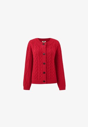 Roter gestrickter Cardigan mit Kabelmuster, Rundhalsausschnitt, langen Ärmeln und fünf schwarzen Knöpfen vorne. Strukturiertes Material und gerippte Bündchen.