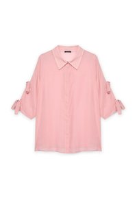 Jasnoróżowa koszula z kołnierzykiem i krótkim rękawem, z wiązaniami na mankietach i z przodu zapinaną na guziki. Wykonana z miękkiego, lekkiego materiału.