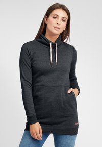 Kolgrå hoodie med cowl-hals, dragsko och framficka. Har ribbade ärmslut och en strukturerad tyg. Ledig passform.