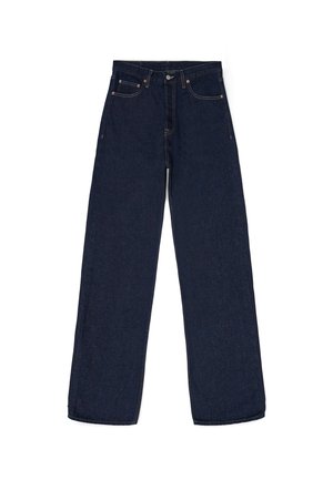 Mørkeblå vide jeans lavet af denim. Funktioner inkluderer knaplukning, fem lommer og subtile syninger. Glat tekstur.