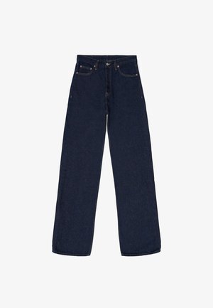 Mørkeblå vide jeans lavet af denim. Funktioner inkluderer knaplukning, fem lommer og subtile syninger. Glat tekstur.