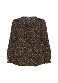 Dunkelbluse mit floralen Motiven, die einen gerafften Ausschnitt, lange Ärmel mit elastischen Bündchen und eine lockere Passform aufweist. Lebendige rosa und grüne Blumen auf schwarzem Hintergrund.