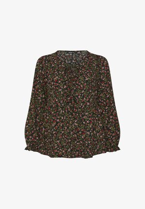 Dunkelbluse mit floralen Motiven, die einen gerafften Ausschnitt, lange Ärmel mit elastischen Bündchen und eine lockere Passform aufweist. Lebendige rosa und grüne Blumen auf schwarzem Hintergrund.