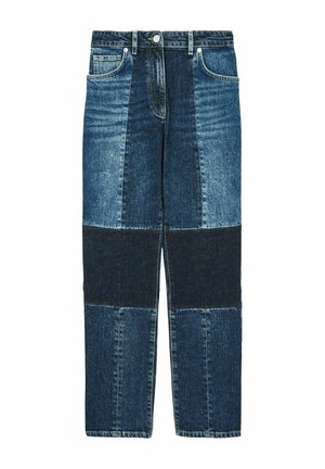 Jeans mit geradem Bein und Patchwork-Design, das drei Blautöne Denim zeigt, sowie Vorderentaschen mit Knopf- und Reißverschluss.