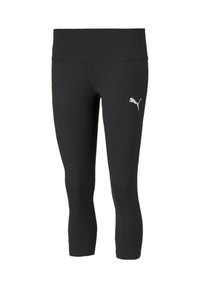 Czarne legginsy wykonane z elastycznego materiału, z średnim stanem w talii i małym białym logo Puma na lewym udzie.