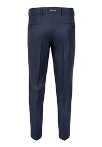 Navyblaue, maßgeschneiderte Hose aus strukturiertem Stoff, mit zwei Gesäßtaschen, Gürtelschlaufen und einem schlanken Schnitt mit Bügelfalten.