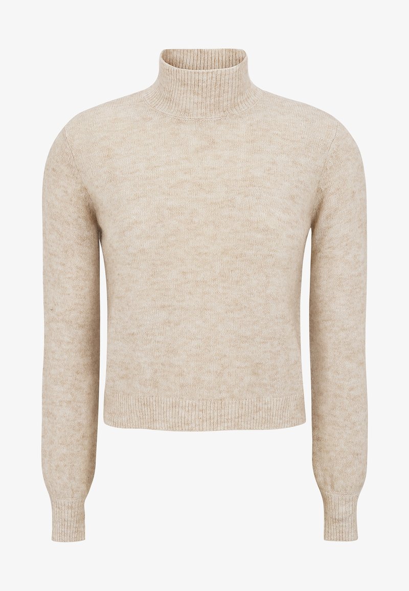 Pull à col roulé couleur crème en tissu tricoté doux et texturé, avec manches longues et col ainsi que ourlet côtelés.