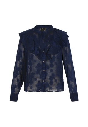 Bluza transparentă bleumarin cu detalii florale din dantelă, guler cu volane, mâneci lungi și închidere cu nasturi. Țesătura texturată adaugă profunzime.