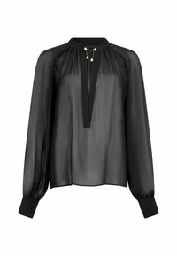 Zwarte doorschijnende blouse met lange mouwen, ronde hals en een voorplooit. Heeft een trekkoord met decoratieve kralen bij de hals.
