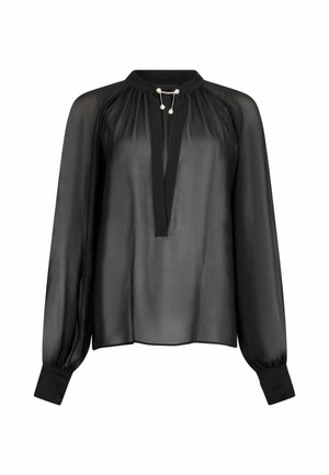 Black sheer blouse with long sleeves, round neckline, and front pleat. Features a drawstring with decorative beads at the neck.