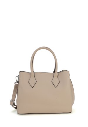 Beige leren handtas met twee handvatten en een verstelbare schouderriem, met een eenvoudig, gestructureerd ontwerp en zilveren accenten.