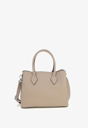 Beige leren handtas met twee handvatten en een verstelbare schouderriem, met een eenvoudig, gestructureerd ontwerp en zilveren accenten.